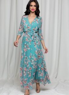 Rochie Dora lunga turcoaz cu flori roz