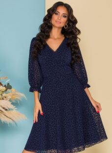 Rochie Elena bleumarin cu motive florale din catifea