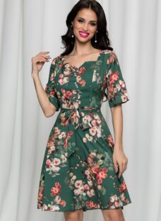 Rochie Elisa verde cu imprimeu floral accesorizata cu nasturi perlati