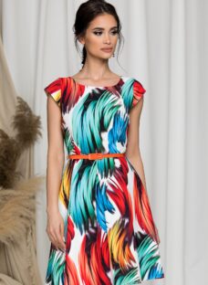 Rochie Ella alba cu imprimeu in culori aprinse