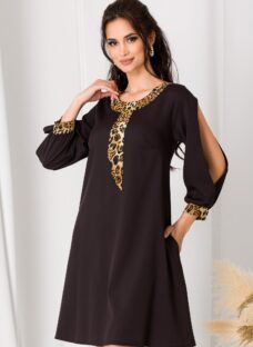 Rochie Ella Collection Adela neagra cu maneci decupate si animal print maro