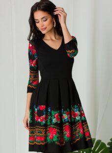 Rochie Ella Collection Natasa neagra cu imprimeuri florale rosii