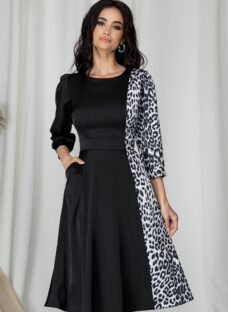 Rochie Ella Collection neagra cu imprimeu animal print gri