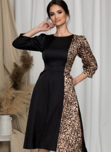 Rochie Ella Collection neagra cu imprimeu animal print maro