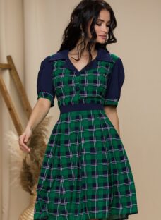 Rochie Ella Collection Simona bleumarin cu carouri verzi