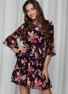 Rochie Eva neagra cu imprimeuri floale si maneci clopot