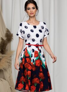 Rochie Flavia alba cu buline si imprimeu floral la baza