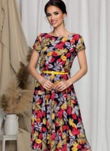 Rochie Flori bleumarin cu imprimeuri in nuante de galben si rosu