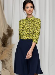 Rochie Georgiana bleumarin cu imprimeu floral si bust galben