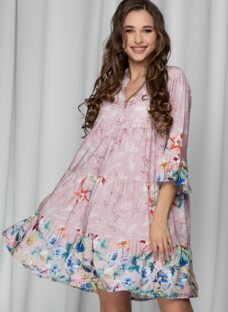 Rochie Ilona roz cu flori colorate