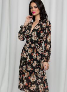 Rochie Irina neagra cu imprimeu floral si inchidere cu nasturi in fata