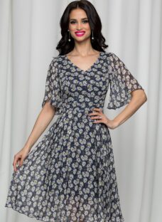 Rochie Isabela bleumarin cu imprimeu floral si maneci scurte