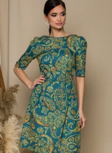 Rochie Iulia albastru petrol cu imprimeuri galbene