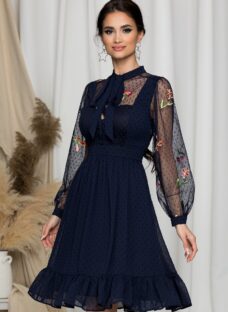 Rochie Iza bleumarin cu buline si broderie florala