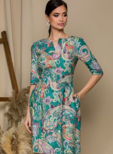 Rochie Jennifer turcoaz cu imprimeuri florale pastelate