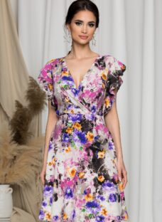 Rochie Juliette gri cu imprimeuri florale mov