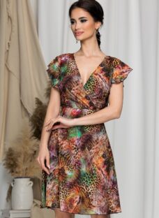 Rochie Juliette maro cu animal print in nuante de verde si violet