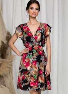 Rochie Juliette neagra cu animal print si trandafiri rosii