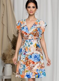 Rochie Juliette orange cu imprimeuri florale bleu