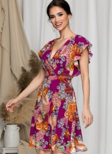 Rochie Juliette violet cu trandafiri caramizii