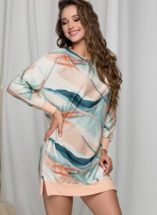 Rochie Kyla bej cu imprimeu pastelat si mini crepeuri laterale