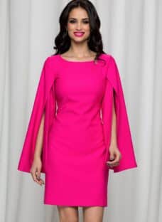Rochie LaDonna fuchsia cu maneci despicate si brosa detasabila