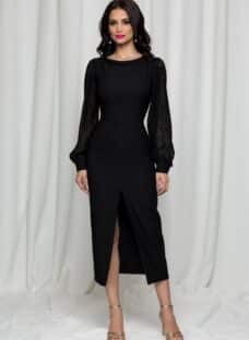 Rochie LaDonna neagra cu maneci din dantela creponata