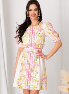 Rochie Lara ivory cu imprimeuri florale roz si galbene