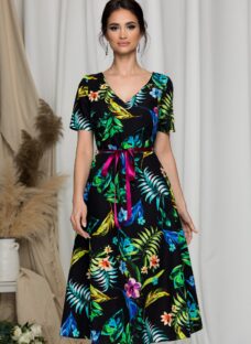 Rochie Laura neagra cu imprimeu floral multicolor si cordon satinat in talie