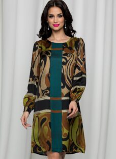 Rochie Lilith neagra satinata cu imprimeu si maneci lungi
