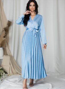 Rochie Lizzie lunga bleu satinata cu fusta plisata