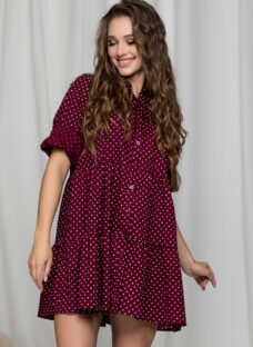 Rochie Luna tip camasa bordo cu buline si inchidere cu nasturi