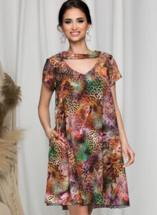 Rochie Maribel evazata cu animal print in nuante de caramiziu