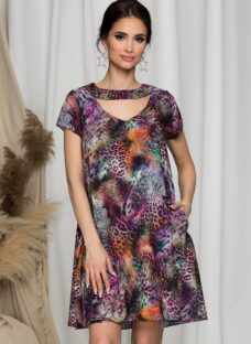 Rochie Maribel evazata cu animal print in nuante de mov