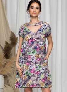 Rochie Maribel evazata gri cu trandafiri colorati