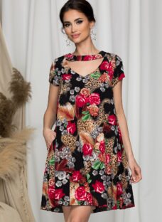 Rochie Maribel evazata neagra cu animal print