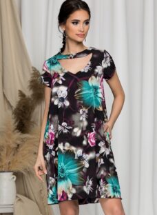 Rochie Maribel evazata neagra cu flori turcoaz si lila
