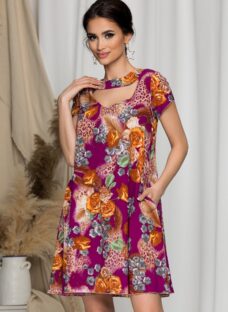 Rochie Maribel evazata violet cu imprimeuri florale caramizii