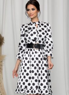Rochie MBG alba cu buline negre si curea lata in talie