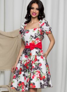 Rochie MBG alba cu fundita rosie in talie