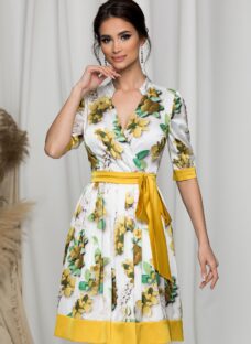Rochie MBG alba satinata cu imprimeu floral si cordon in talie