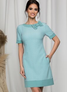 Rochie MBG bleu cu buline albe si fundita la baza gatului
