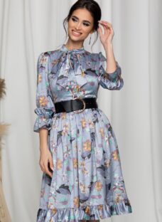 Rochie MBG bleu cu imprimeu floral si curea lata in talie