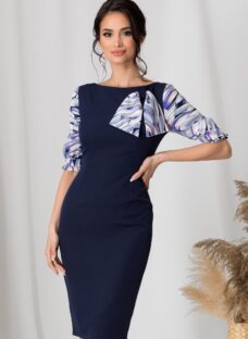 Rochie MBG bleumarin cu imprimeu divers la bust si maneci