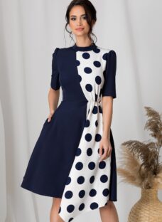 Rochie MBG duo bleumarin cu alb si imprimeu cu buline
