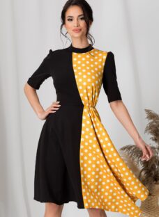 Rochie MBG duo neagra cu galben si imprimeu cu buline