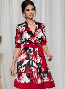 Rochie MBG rosie satinata cu imprimeu floral si cordon in talie