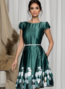 Rochie MBG verde cu imprimeu floral la baza si curea subtire