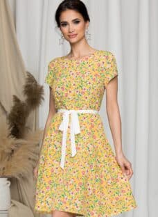 Rochie Mira galbena cu imprimeuri florale roz
