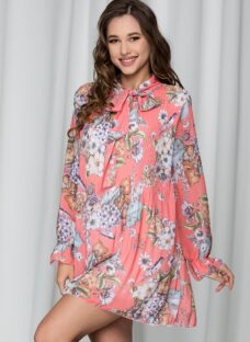 Rochie Miranda corai lejera cu pliuri si imprimeu floral